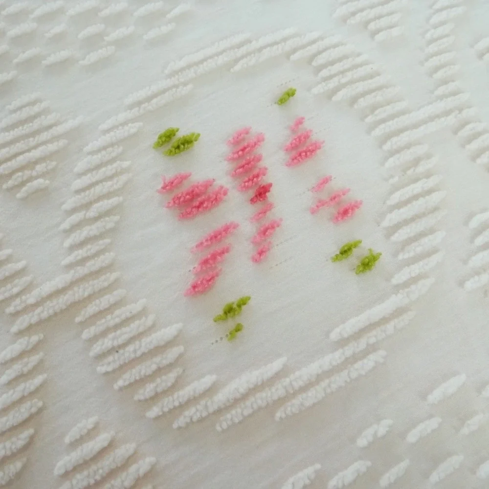 Vintage White Chenille Bedspread Pink Green Floral Tufted Fringe Twin 99x71